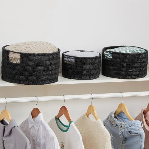 Vagusicc Wicker Storage Basket, Hand-Woven Paper Rope Large Round Woven Basket With Handles, Wicker Baskets for Organizing/Storage, Black, 3-Pack
