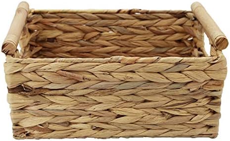 Natural Woven Water Hyacinth Storage Basket with Wood Handles, Medium
