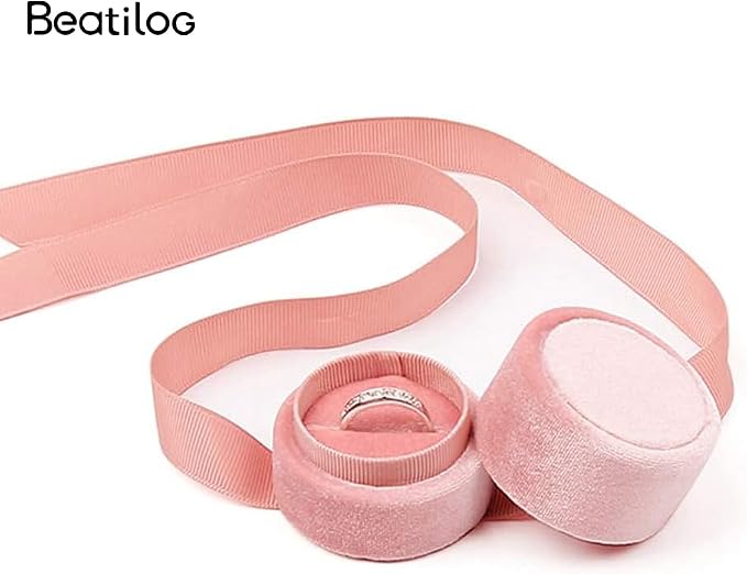 Velvet Ring Box - Gorgeous Round Wedding Ring Box with Elegant Ribbon Bow Vintage Jewelry Holder Gift Organizer for Proposal, Engagement, Ceremony, Photography (Pink Small)