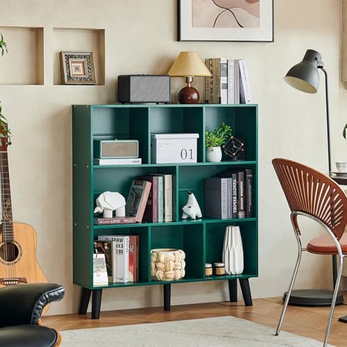 LEYAOYAO 8 Cube Bookshelf,Mid-Century Modern Bookcase with Legs,Dark Green