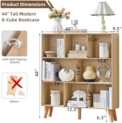 LEYAOYAO 8 Cube Bookshelf,Mid-Century Modern Bookcase with Legs,Light Wood