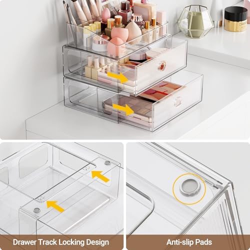 3 Tier Clear Makeup Drawer, PET Cosmetic Storage Organizer for Dresser, Countertop & Bathroom Vanity, Holders for Lipsti
