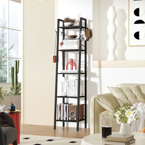 YMYNY 5 Tiers Ladder Bookcase, Industrial Narrow Bookshelf, Open Display Rack with 4 S Hooks, Metal Storage Shelves for 