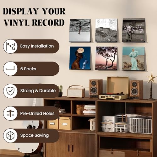 RICHFOCUS Vinyl Wall Mount, 6 Pack Solid Wood Vinyl Record Shelf, Album Record Holder Display, 12 inch Floating Shelves 