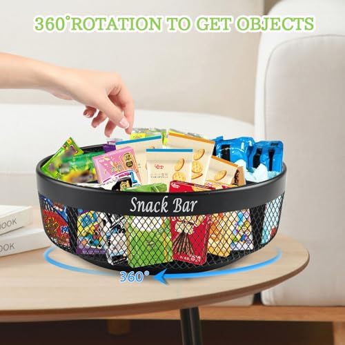 Snack Organizer for Countertop, Metal Turntable Organizer with Divider, 4 Compartment Snack Storage Spinning Snack Tray,