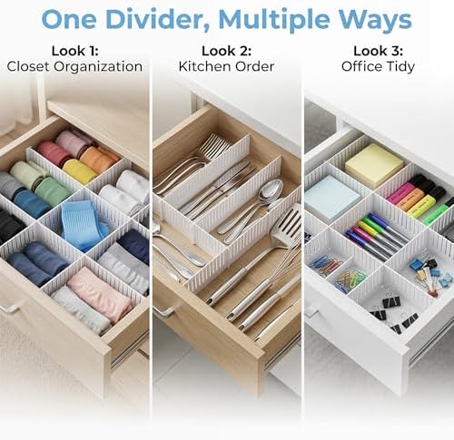Adjustable Plastic Drawer Separators, 15 PCS Dividers + 25 Connectors, 14.96" Length x 4.33" Height, Cuttable Storage Or