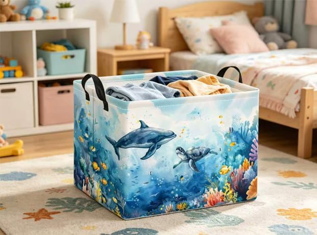 Rectangular Baby Kids Storage Basket for Home Kitchen Girls Cute Toy Storage Bin Organizer Shelf Book Room Decor(Marine Animals)