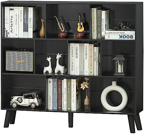 YAHARBO 10 Cube Bookshelf,3 Tier Bookcase with Legs,Black Mid-Century Modern Bookshelves,Large Free Standing Open Storag