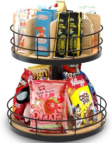 Snack Organizer - Versatile Snack Storage 2 Tier Lazy Susan with Convenient Grab-and-Go Design, Wood and Metal Snack Hol