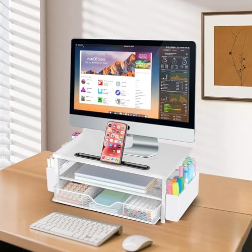 AUPSEN White Monitor Stand Riser, 2-Tier Wood Computer Desk Organizer with Drawer, Pen Storage & Phone Holder, Office De