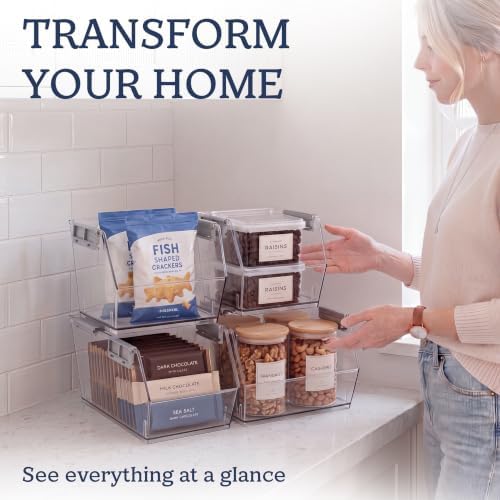HOMESTEAD Set of 8 Stackable Storage Bins, 4 Large + 4 Small Clear Plastic Organizer Bins, Open Front Design for Kitchen