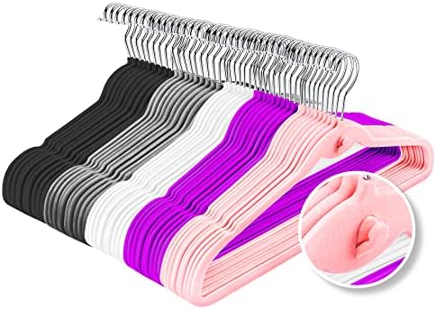 Multi-Color Velvet Hangers 50 Pack with Cascading Hooks, Non-Slip Black, Pink, White, Grey, and Purple Velvet Hangers for Clothes, Suits, and Coats