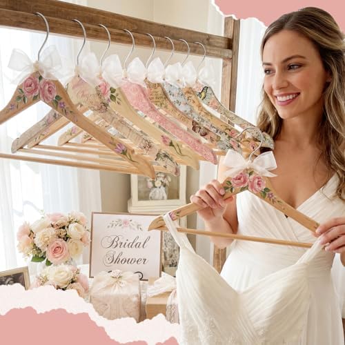 Fumete 41 Pcs DIY Bride Bridesmaid Hanger for Wedding Dress Wooden Bridal Hangers with Acrylic Paint Strips, Palettes, Painting Brushes for Wedding Bridal Shower Party Craft Keepsake Favor Gift