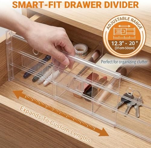 5 Pack 5.9 Inch Tall Clear Drawer Dividers, Adjustable Drawer Dividers for Clothes, 12.2"–20" Expandable Plastic Drawer 