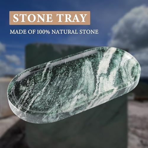 Koville Green Marble Tray for Bathroom Countertop, 10"x5" Natural Marble Vanity Tray Perfume Trays for Dresser, Stone Je
