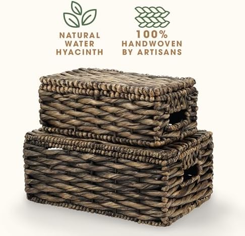 Set of 2 Black Wicker Baskets with Lid