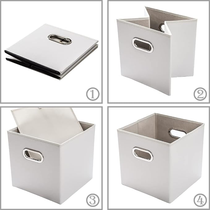 PRANDOM Leather Foldable Cube Storage Bins 13x13 inch [4-Pack] Fabric Storage Baskets Cubes Drawer with Cotton Handles Organizer for Shelves Nursery Closet Bedroom Clothes White