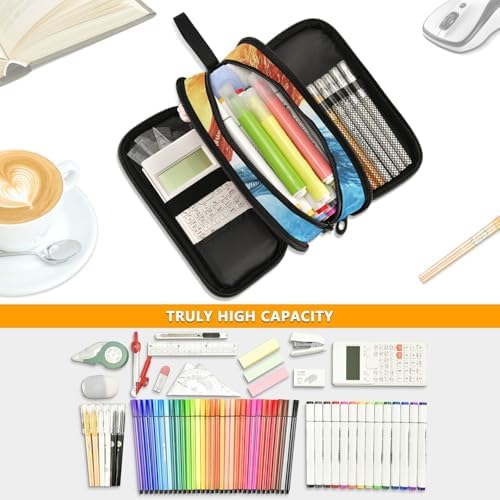 Wfrish Red Dragon Fire Blue Large Capacity Pencil Case, 3 Compartments Pen Pouch Organizer for School College Office, Zippers Big Pencil Bag for Teens Adults Girls Boys Makeup