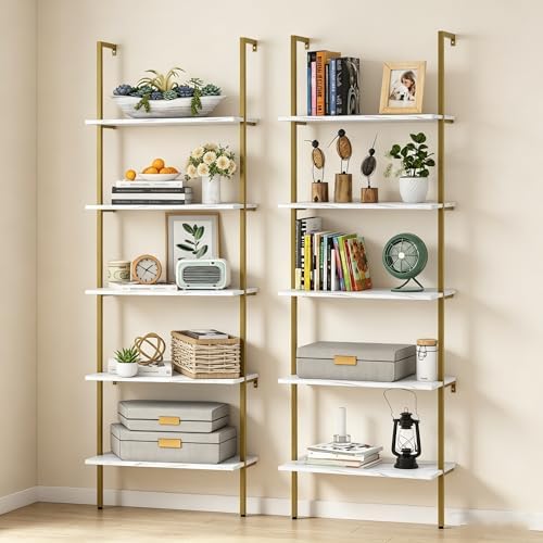 Wolawu Ladder Shelf 5 Tiers Wall Mounted Bookshelf 2-Piece White Marble Modern Bookshelf Open Tall Storage Bookcase Stan