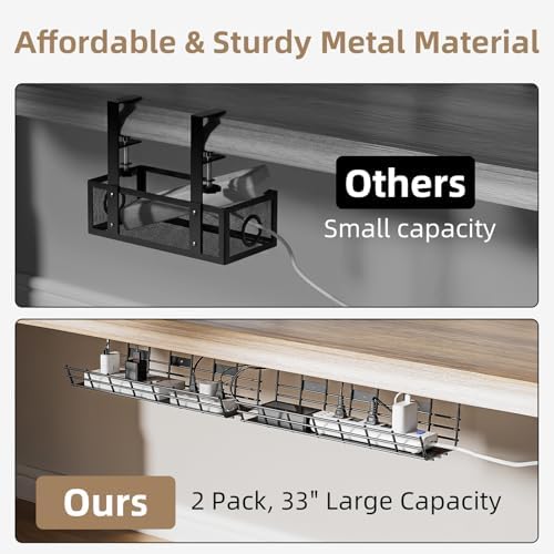 2 Pack DELAMU Under Desk Cable Management Tray, Large Metal Cord Organizer, Office & Home Cord Wire Management Under Des