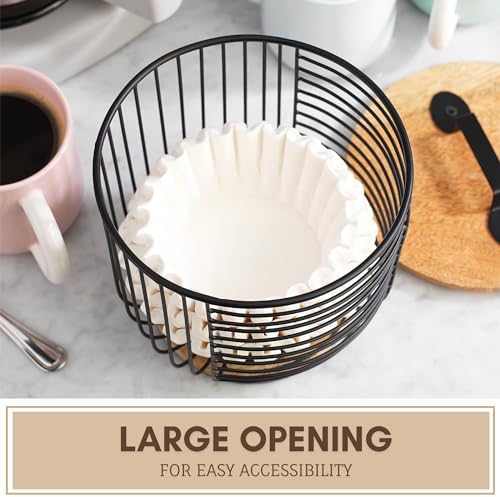 Coffee Filter Holder for Counter with Wooden Lid - Round Black Wire Coffee Pod Storage Container Basket for Kitchen Coun