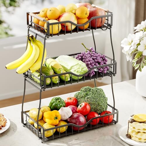 3 Tier Fruit Bowl,Fruit Basket with Banana Hangers,Black