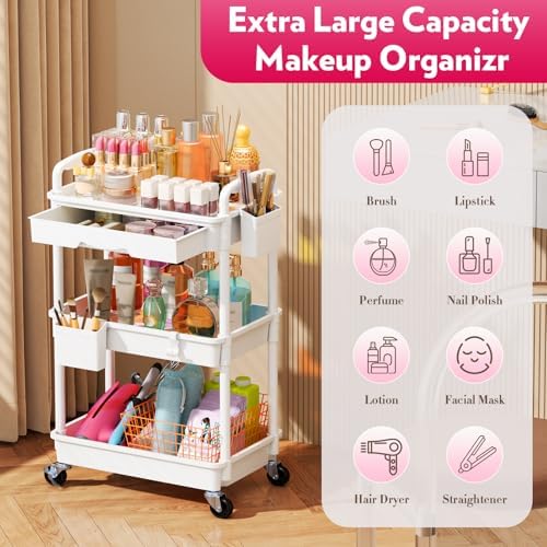 SUNALLY Makeup Cart Organizer with Drawer,3 Tier Rolling Makeup Cart, White