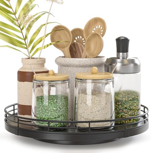 Oroyutor 9-Inch Oak Lazy Susan Spice Organizer, Black Finish