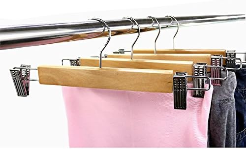 10-Pack Natural Finish Wooden Pant Skirt Hangers with 2-Adjustable Anti-Rust Clips