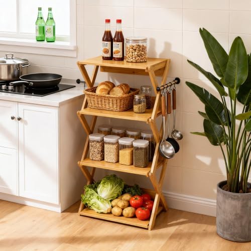Aniston Bookshelf, 4 Tier Bamboo Bookcase with Back Panel, Standing Book Shelf for Small Space, Storage Shelves for Livi