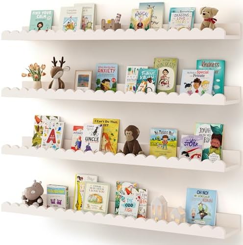 Shario Nursery Book Shelves, 4-Pack White Floating Shelves for Wall Kids, Scalloped Shelves, Wall Book Shelves for Bedro