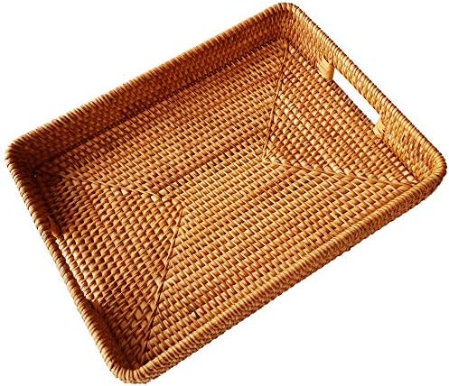 i-lan 17 Inch Oversize Handmade Rectangular Serving Trays with Cutout Handles and 2.3” Wall,Decorative Rattan Woven Stor