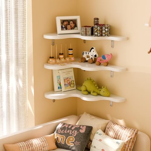 Cute Cloud Corner Shelves - Set of 3 White Wooden Floating Corner Shelves Wall Mounted, 90-Degree Space-Saving Nursery S