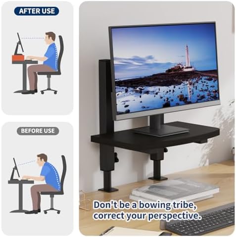 Adjustable Clamp-On Monitor Riser for Desk, Height Adjustable Monitor Stand with Space-Saving Design, Black MDF Shelf fo