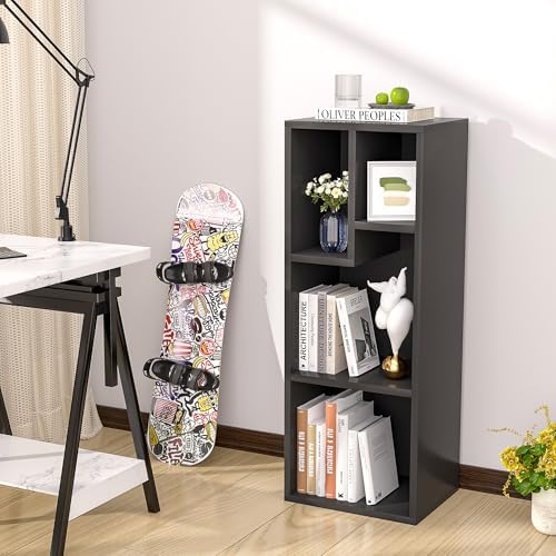 VECELO Modern Black Bookshelf, 31.3" H Freestanding Open Cubby Storage Cabinet with Uneven Compartments, Narrow Bookcase