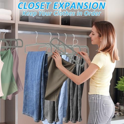Pants Hangers Non Slip, 30 Pack Velvet Hanger for Closet with 30 Hooks, Strong Durable Space Saving Slim Pants Hanger, Ultra Thin & Space Saving Flocked Hangers for Pants/Shirts/Shorts/Bra (Grey)