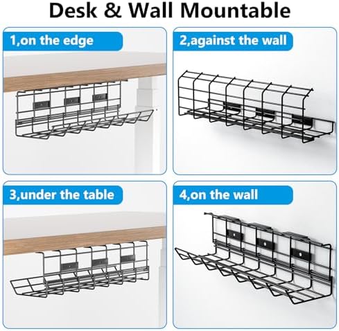 2 Pack DELAMU Under Desk Cable Management Tray, Metal Cord Cable Organizer for Desk, Easy Install Pre-drilled Wire Manag