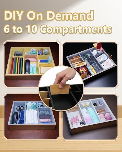 Office Drawer Organizer, Bamboo Desk Drawer Organizer with 4 Removable Dividers, Desk Organizers and Accessories with 10 Adjustable Compartments for Office Home (Gray)