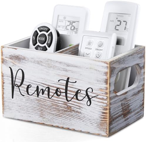 DRASTAR Remote Control Holder, Retro White TV Remote Holder, Remote Organizer Caddy for Table, Wooden Remote Box for Nightstand, Remote Caddy with 2 Slots