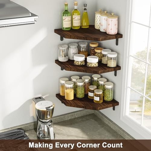 Alsonerbay Pine Wood Corner Shelves with Cord Hole 3-Pack, Carbonized Black