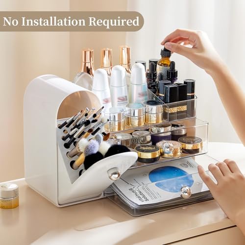 Makeup Organizer with Brush Holder for Vanity, Large Cosmetic Display Cases with 2 Drawers, Skincare Organizer for Bathr