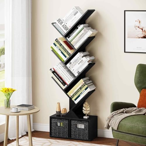 Vagusicc 6 Tier Tree Bookshelf with 2 Storage Cabinets, Tall Display Shelf Organizer for Books, Magazines, Home Decor, N