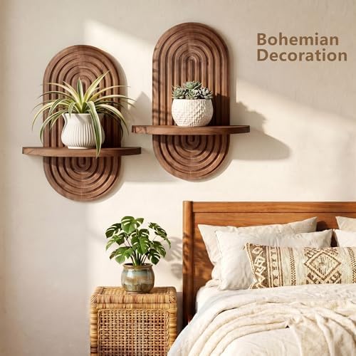 Heiple Set of 2 Boho Arched Floating Shelves 15.7”x 7.8” Plant Wooden Hanging Shelf for Living Room Bedroom Mid Century 