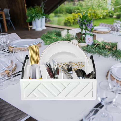 Ukonvi Paper Plate Dispenser and Holder for Kitchen Counter, Wood Rustic Silverware Utensil Caddy, Cutlery Flatware Orga