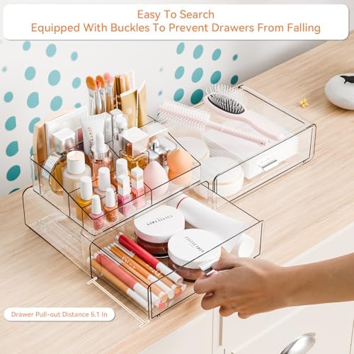 Yieach 3 Tier Clear Acrylic Makeup Organizers with Drawers,Tiered Countertop Make up Storage Organizer for Dresser Top a