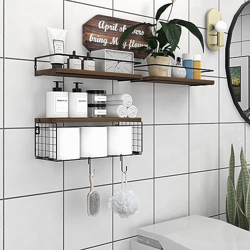 3+3 16.1in Bathroom Shelves Wall Mounted Over Toilet with Toilet Paper Storage Basket & Hooks, Hanging Floating Shelves Bathroom for Wall Room Decor, Bathroom Organizers and Storage Brown