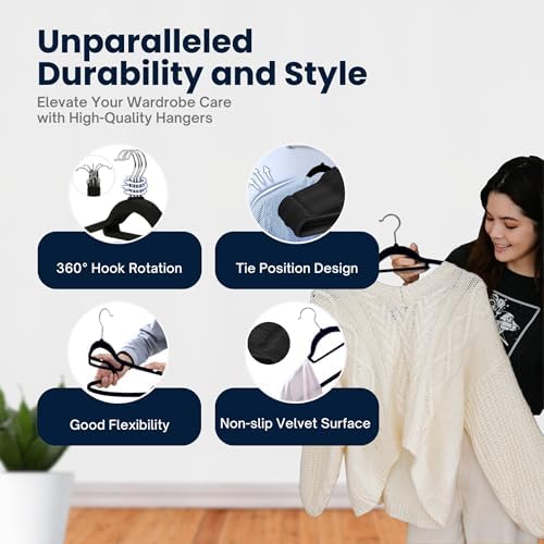 50 Pack Velvet Hangers | Non-Slip Velvet Clothing Hangers with Tie Organisers | Space Saving Hangers and 360° Swivel Hooks Wardrobe Storage Organiser, Black