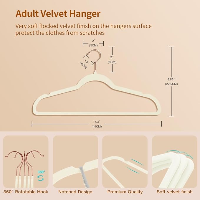Stormix Adult Velvet Hangers Non-Slip, Shoulder Notches, 36 Pack Cream