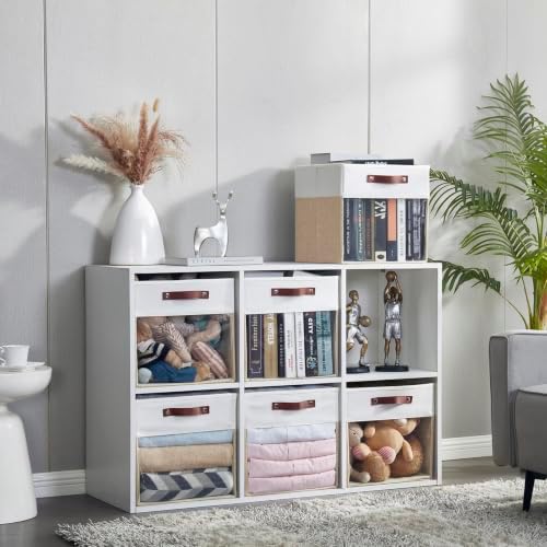 Bagnizer Storage Cubes, 4 Pack Linen Foldable Storage Bins (13 x 13 inch) with Clear Window and Handles, Fabric Organizer for Shelf Closet, Clothes, Books - (Beige and White)