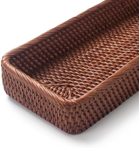 Rattan Bathroom Vanity Trays Toilet Tank Baskets Long Narrow Hand Towel Storage Basket for Storage, Decorative (Honey Br